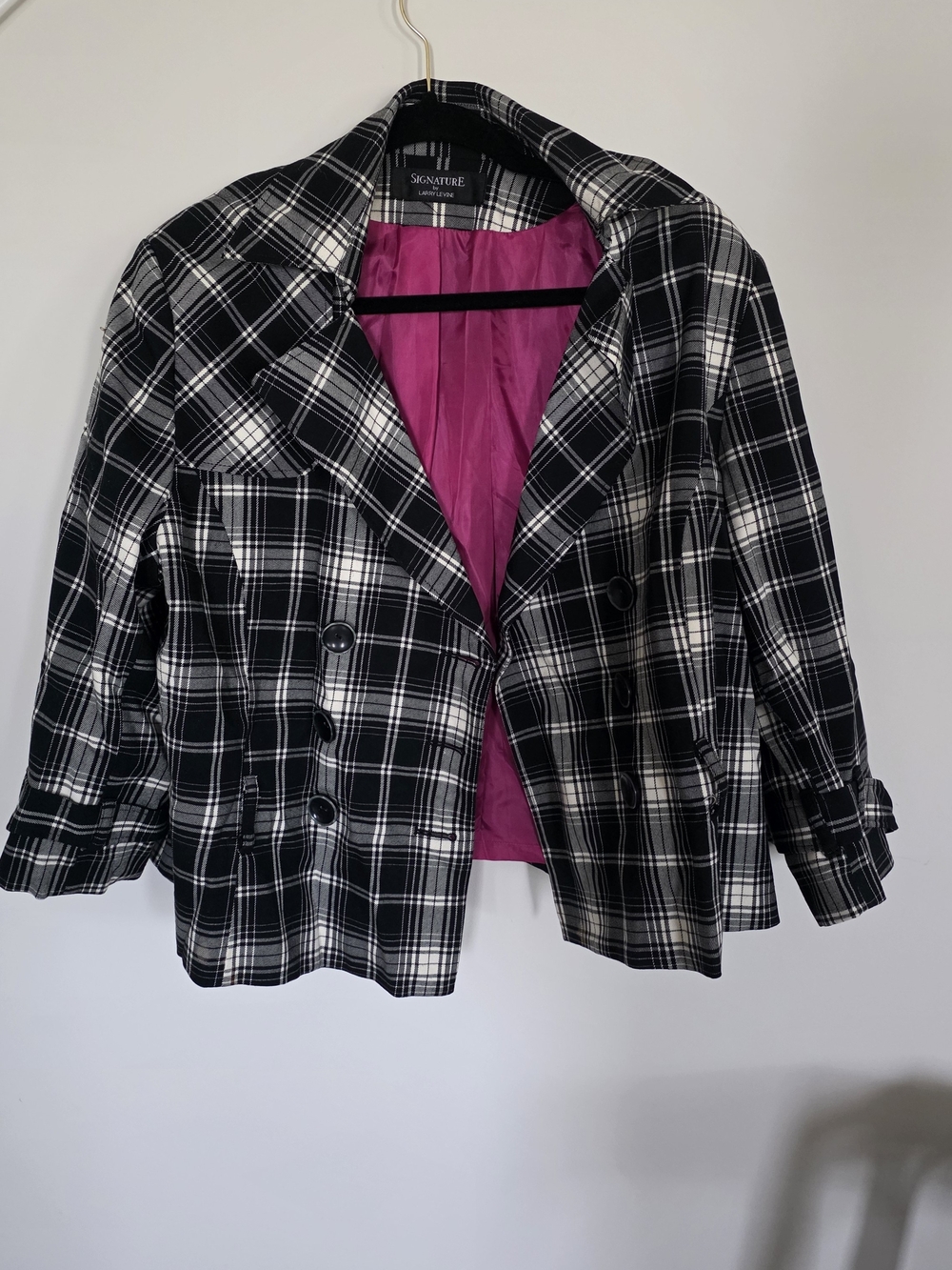 Larry Levine Black & White Plaid Double-Breasted Blazer Pink Lining